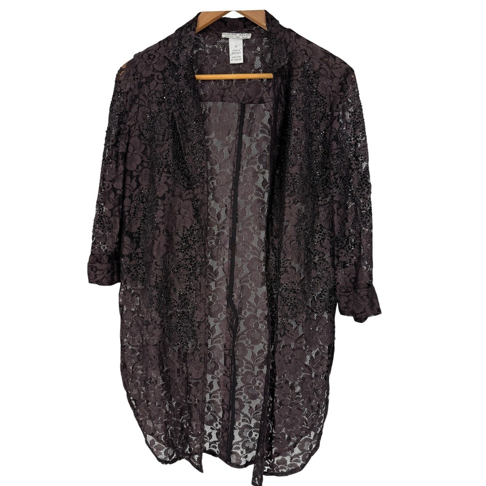 Alberto Makali Womens XS Beaded Lace Open Front Cardigan Jacket Plum Goth